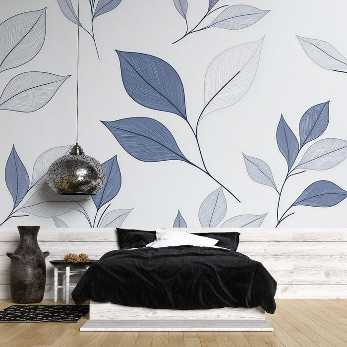 Tapeta liście | Miękki niebieskawy ton