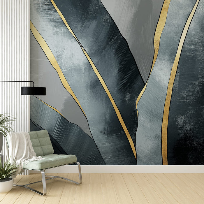 Tapeta elegantní listy | Abstraktní design v odstínech šedé se zlatými doteky