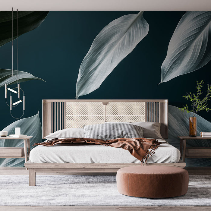 Fototapet elegante blade | Hvide og grønne blade på teal baggrund