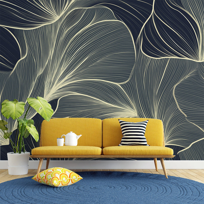 Fototapet zarif yapraklar | Koyu bir zemin üzerinde modern yaprak deseni