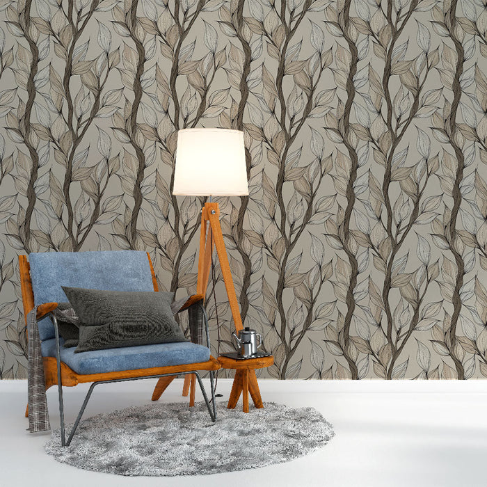Papel de parede elegante folhas | Padrão de galhos folhosos em fundo bege