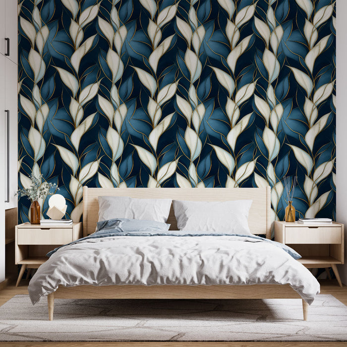 Tapet elegant cu frunze | Model alb de frunze pe un fundal albastru închis
