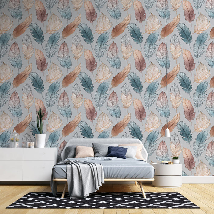Mural Wallpaper elegant leaves | Soft-toned feather pattern on a gray background