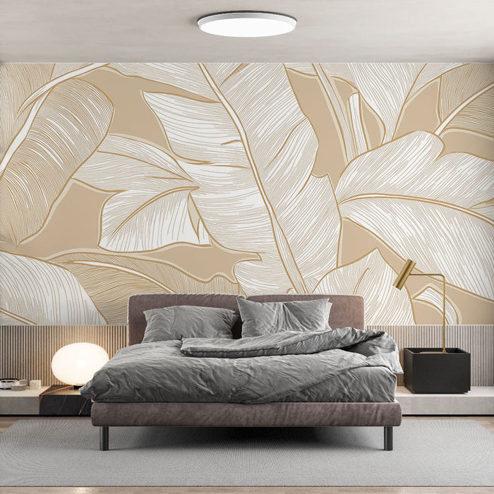 Tapeta eleganckie-liscie | Delikatny wzór białych liści na beżowym tle