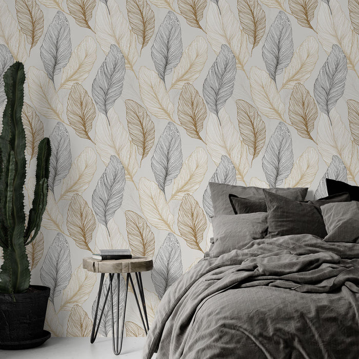 Mural Wallpaper elegant leaves | Delicate leaf patterns in neutral tones