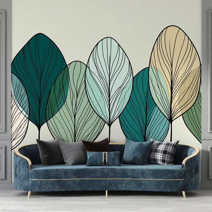 Papel de parede elegante folhas | Padrões estilizados de folhas em cores suaves
