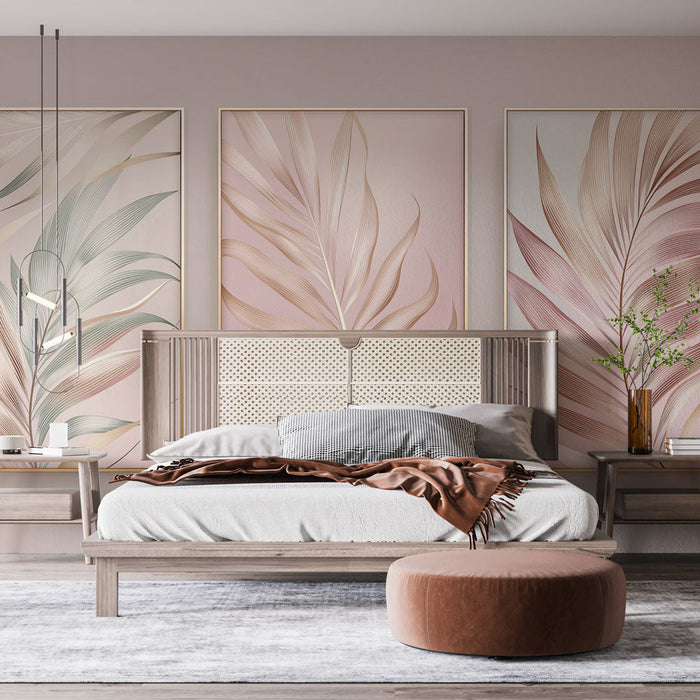 Papel pintado elegante hojas | Patrones delicados de hojas doradas sobre un fondo rosa