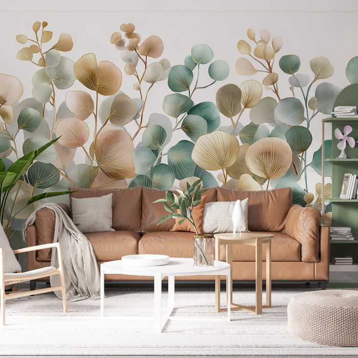 Mural Wallpaper elegant leaves | Sophisticated patterns in soft and golden tones