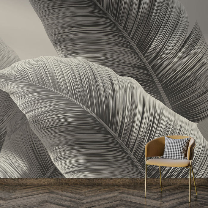 Tapeta liściowa w czarno-białym kolorze | Elegancki wzór stylizowanych liści