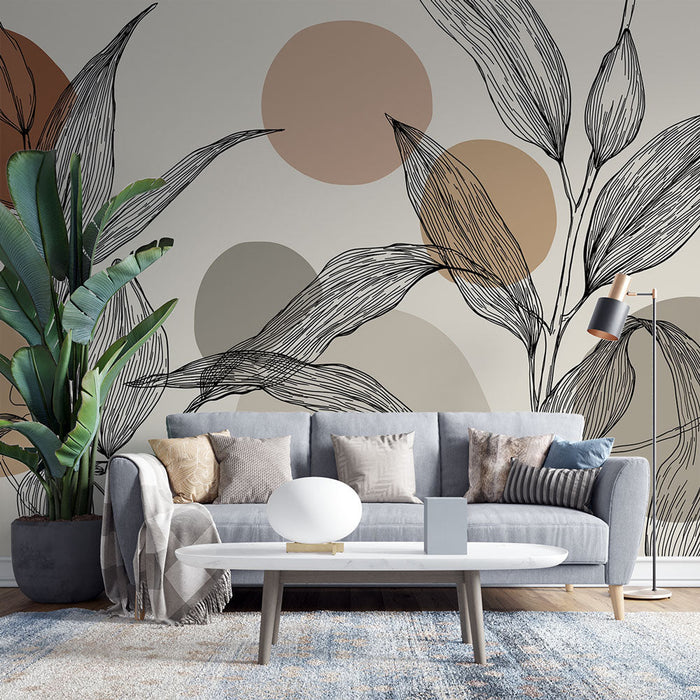 Fototapet renkli yapraklar ve daireler | Siyah yapraklar ve yumuşak dairelerle minimalist tasarım