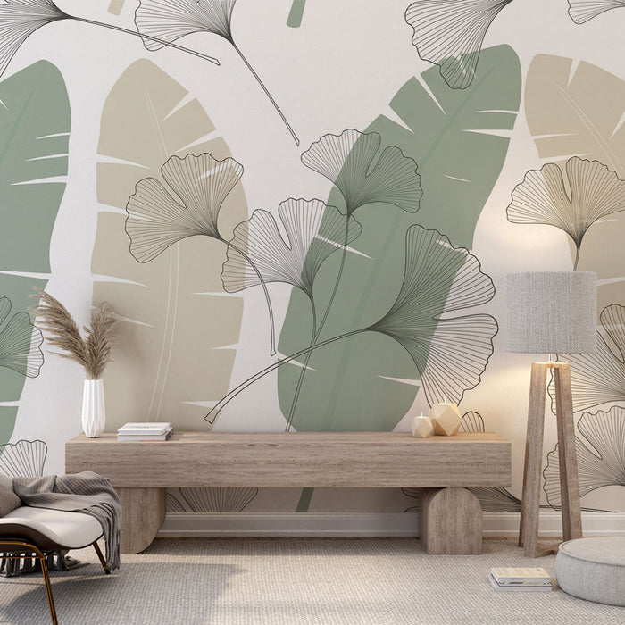 Tapet cu frunze și ginkgo | Un design floral liniștitor în nuanțe delicate