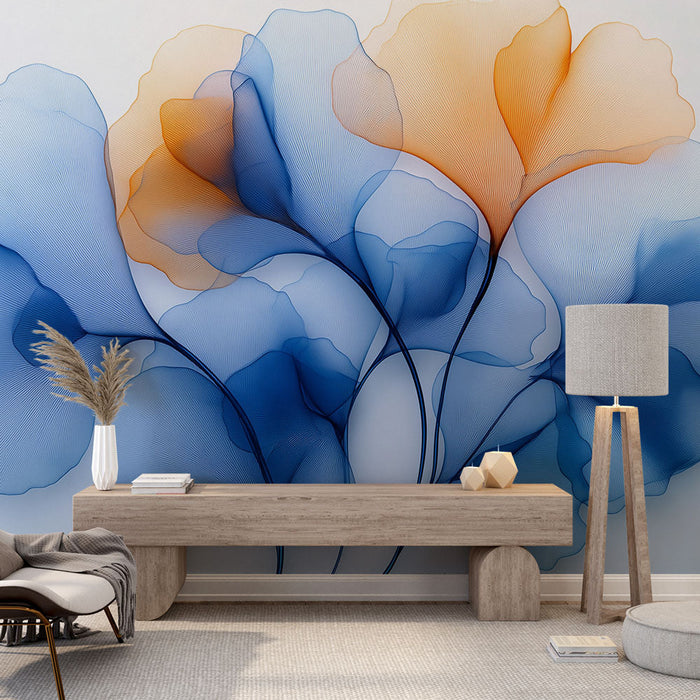 Papel de parede folhas etéreas | Padrão floral delicado em degradê de azul e laranja