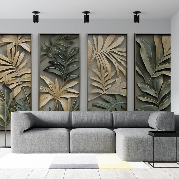 Mural Wallpaper exotic leaves | Golden and green relief patterns