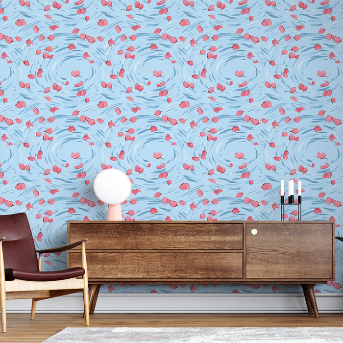 Fototapeet hõljuvad lehed | Roosa lehtede muster vesise sinise taustal