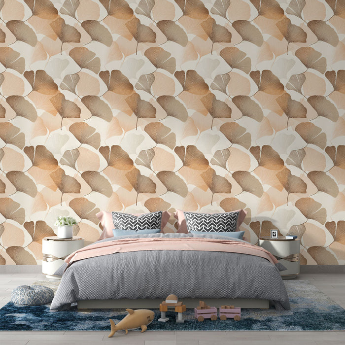 Tapéta ginkgo levelek | Ginkgo levél minta bézs és karamell árnyalatokban