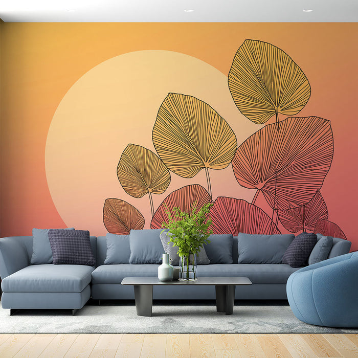 Carta da parati foglie grafiche | Foglie stilizzate su un caldo gradiente di colore