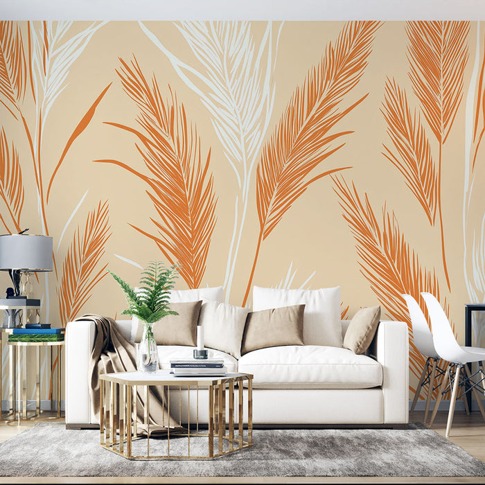 Tapete Grafikblätter | Muster stilisierter Blätter in Orange und Weiß auf einem Pfirsichhintergrund