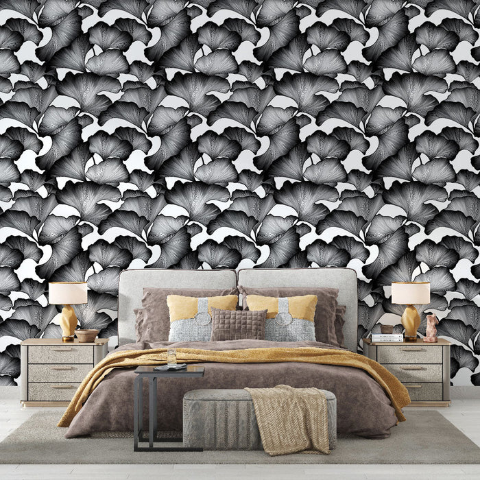 Mural Wallpaper grey leaves | Varied pattern of elegant leaves in shades of black and white