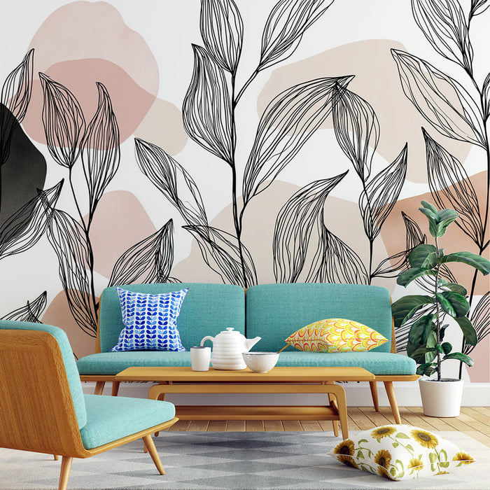 Carta da parati con foglie lineari | Un delicato motivo di fogliame su uno sfondo morbido