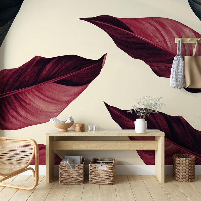 Tapete üppige Blätter | Burgunderrote und schwarze Blätter auf hellem Hintergrund