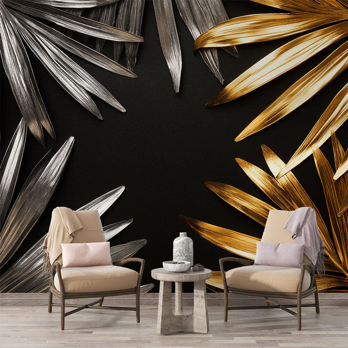 Seinapilt metallilised lehed | Hõbe ja kuld säravad mustal taustal
