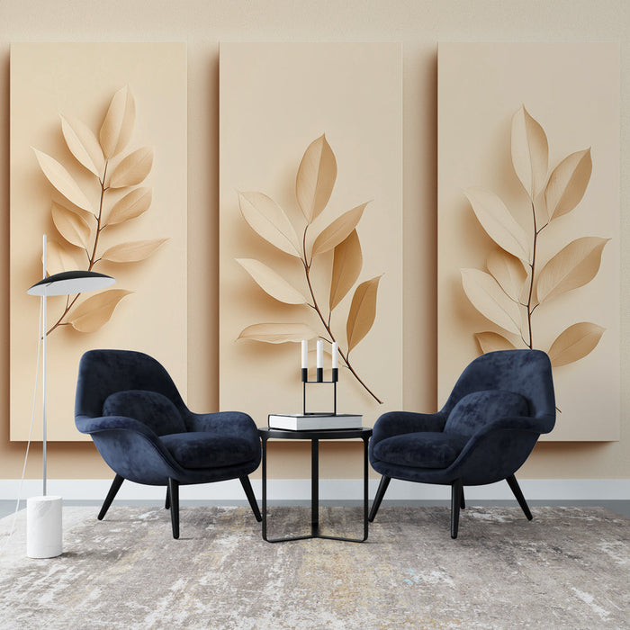 Ταπετσαρία με μινιμαλ φύλλα | Κομψά μπεζ ανάγλυφα φύλλα