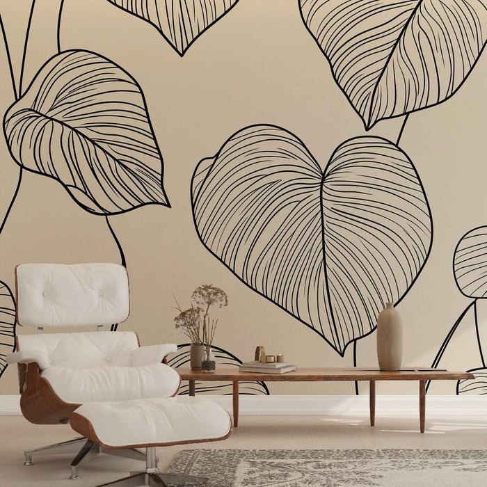Papel pintado de hojas minimalistas | Patrón de hojas lineales con fondo suave
