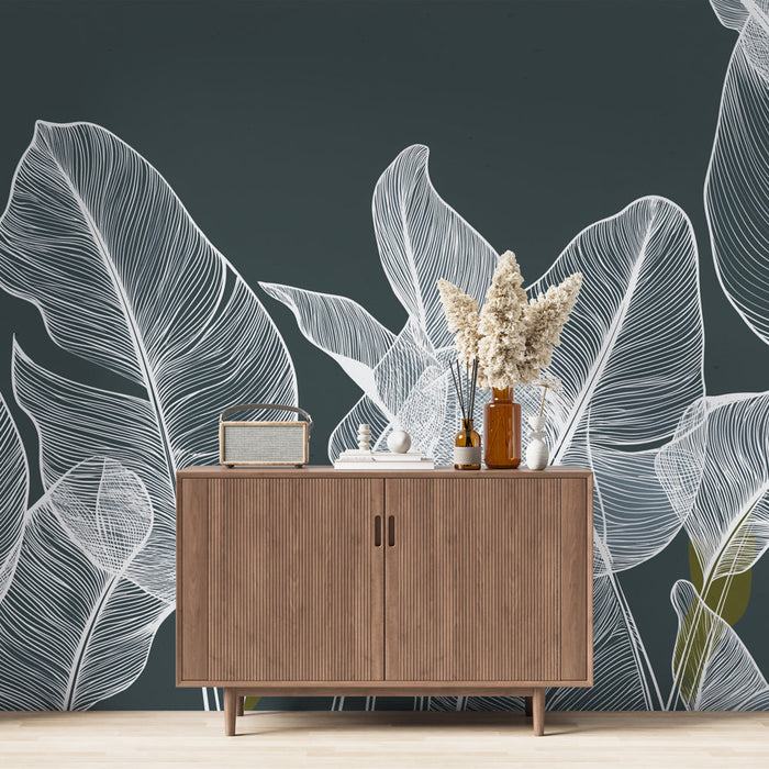 Tapete с минималистични листа | Бели листни модели на тъмен фон