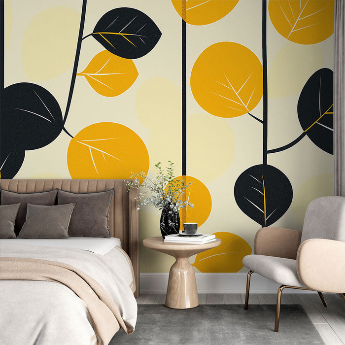 Tapeta modern-leaves | Sodoben vzorec črnih in rumenih listov na svetlem ozadju