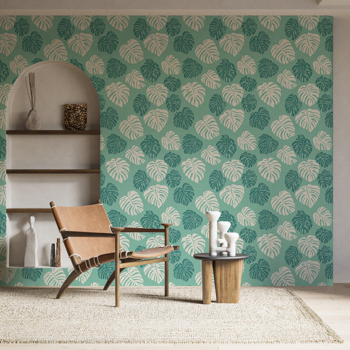 Tapeta monstera listy | Opakující se vzor listů na tyrkysovém pozadí