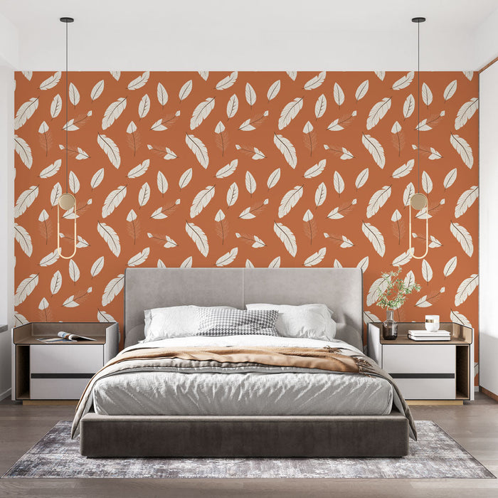 Tapete Blätter | Weißes Blattmuster auf terrakottafarbenem Hintergrund