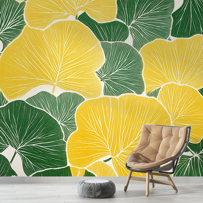 Mural Wallpaper lišće | Uzorak stiliziranog zelenog i žutog lišća