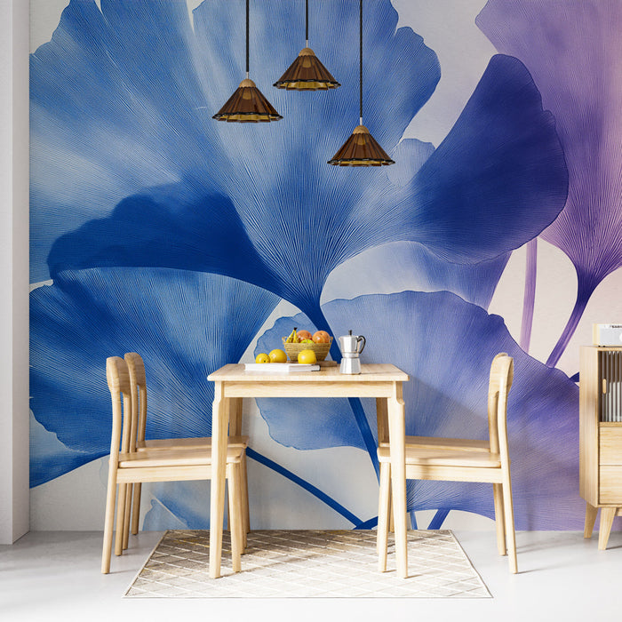 Mural Wallpaper leaves | Delicate pattern of ginkgos in gradients of blue and pink