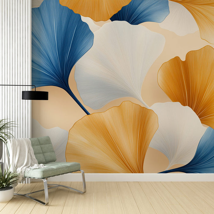 Tapeet jätab | Elegantne muster sinistes, valgetes ja oranžides toonides ginkgolehtedest