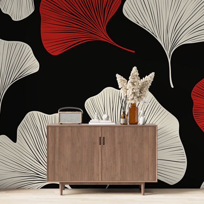 Fototapet blade | Elegant mønster af stiliserede blade i rød og creme på en sort baggrund