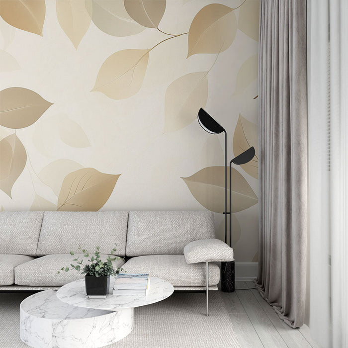 Fototapet nötr yapraklar | Bej ve krem tonlarında zarif yaprak deseni