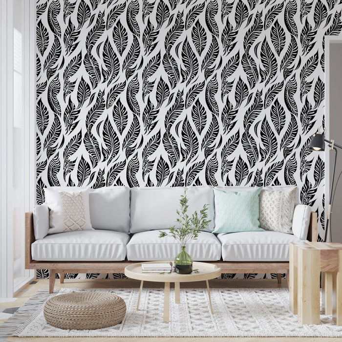Mural Wallpaper black and white leaves | Bold pattern of stylized leaves on a light background