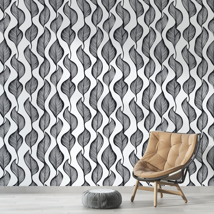 Mural Wallpaper black and white leaves | Curved leaf pattern on light background
