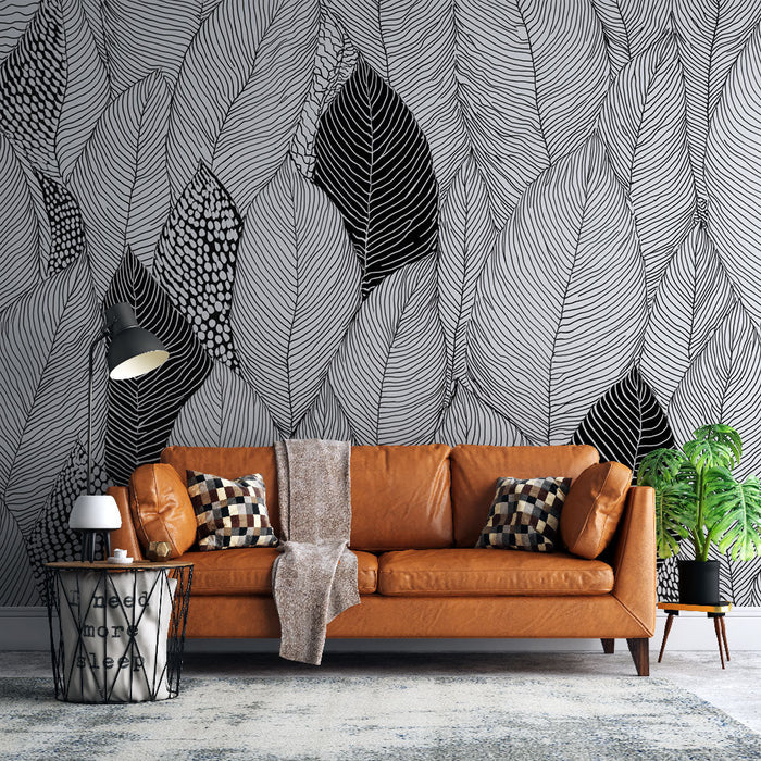 Tapete Schwarz-Weiß Blätter | Stilisierte Laubmuster in Schwarz-Weiß