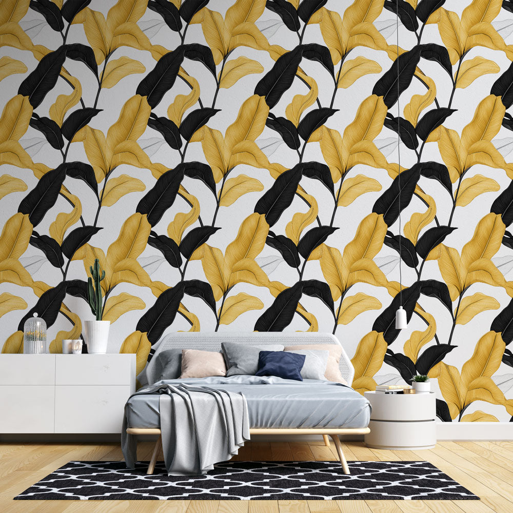 Papel de parede preto e dourado folhas | Padrão elegante de folhagem e —  WonderMural, image size:1000x1000