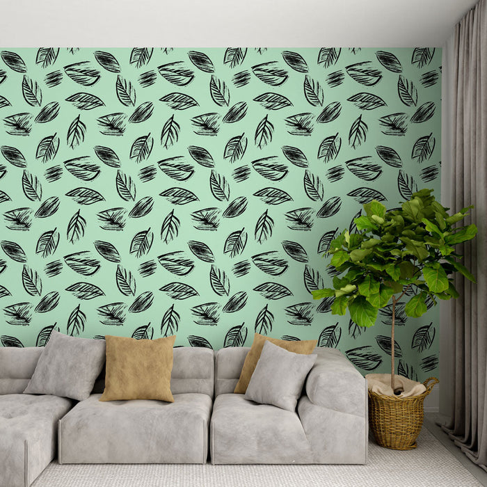 Foto Behang zwarte bladeren | Subtiel patroon van bladeren op een muntgroene achtergrond