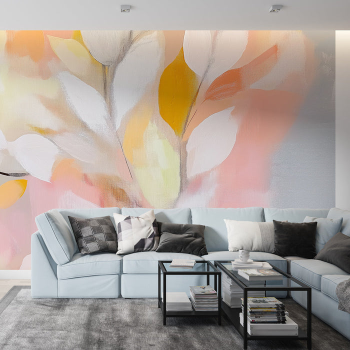Falfestmény tapéta pasztell levelek | Puha levelek világos háttéren
