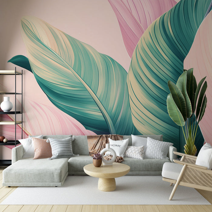 Tapete pastellfarbene Blätter | Muster von üppigen Blättern und beruhigenden Tönen