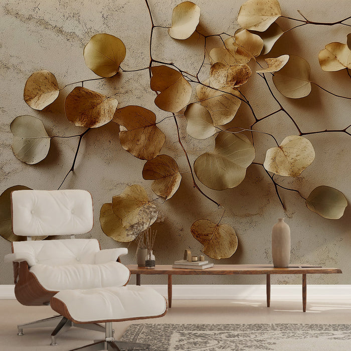 Papel pintado hojas secas | Ramificación de hojas doradas y blancas sobre un fondo texturizado