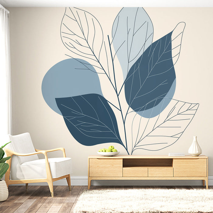 Muraaltapeet stiliseeritud lehed | Pehmed sinised toonid heledal taustal