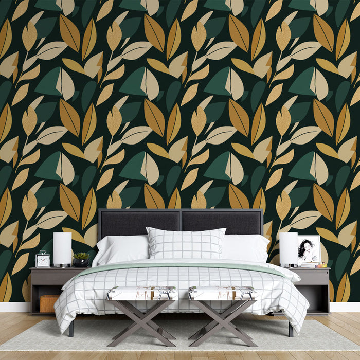 Carta da parati con foglie stilizzate | Motivo foglia colorato su sfondo scuro