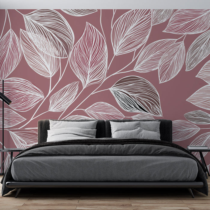 Fototapet stiliserede blade | Elegant bladmønster på en lyserød baggrund