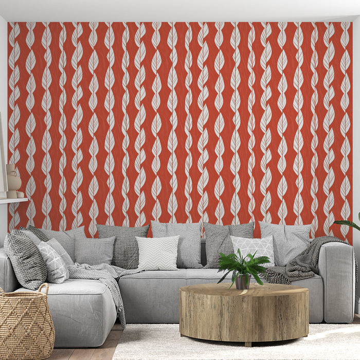 Tapete στιλιζαρισμένα φύλλα | Λευκό σχέδιο φύλλων σε τερακότα φόντο