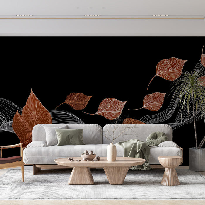 Fototapet stiliserede blade | Flydende mønster og orange blade på en sort baggrund