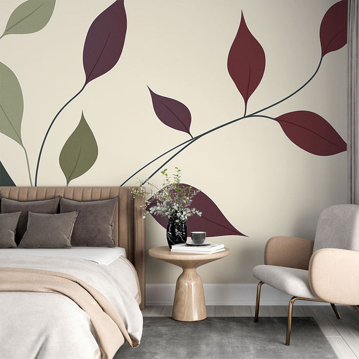 Carta da parati con foglie stilizzate | Motivi fogliari contemporanei su sfondo morbido